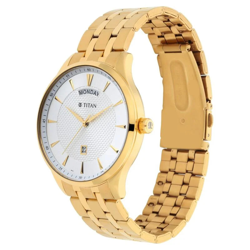 Titan Quartz Analog with Day and Date White Dial Stainless Steel Strap Watch for Men 90127YM01 - KRISHNA WATCH COMPANY