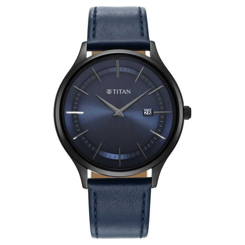 Titan Classique Slimline Blue Dial Analog with Date Leather Strap watch for Men / 90142NL01 - KRISHNA WATCH COMPANY