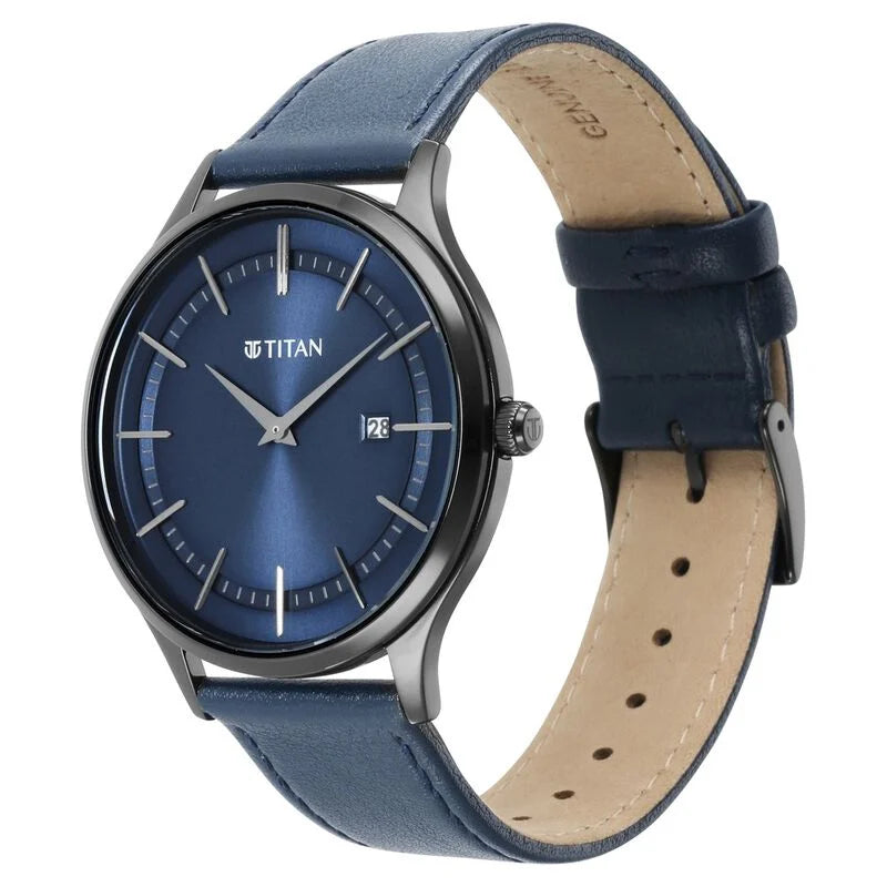 Titan Classique Slimline Blue Dial Analog with Date Leather Strap watch for Men / 90142NL01 - KRISHNA WATCH COMPANY