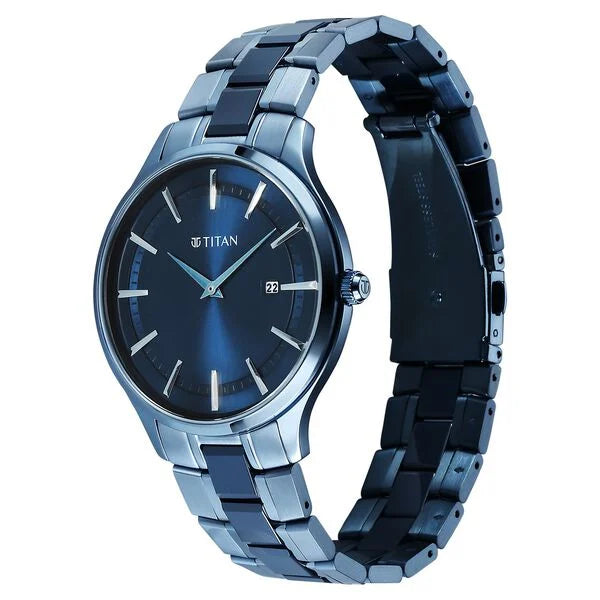 Titan Slim Ceramic Fusion Quartz Analog with Date Blue Dial Stainless Steel Strap Watch For Men 90142qd01 - KRISHNA WATCH COMPANY