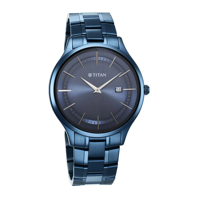 Titan Classique Slimline Blue Dial Quartz Analog with Date Stainless Steel Strap watch for Men 90142QM01 - KRISHNA WATCH COMPANY