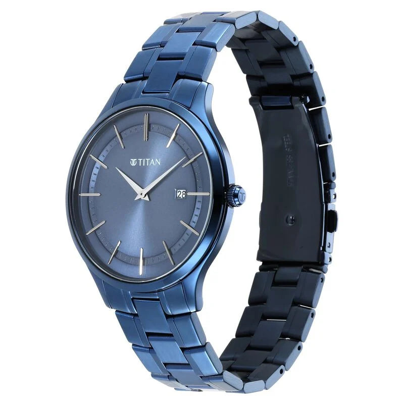 Titan Classique Slimline Blue Dial Quartz Analog with Date Stainless Steel Strap watch for Men 90142QM01 - KRISHNA WATCH COMPANY