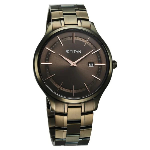 Titan Clasique Slim Quartz Analog with Date Brown Dial Watch For Men - 90142QM07 - KRISHNA WATCH COMPANY