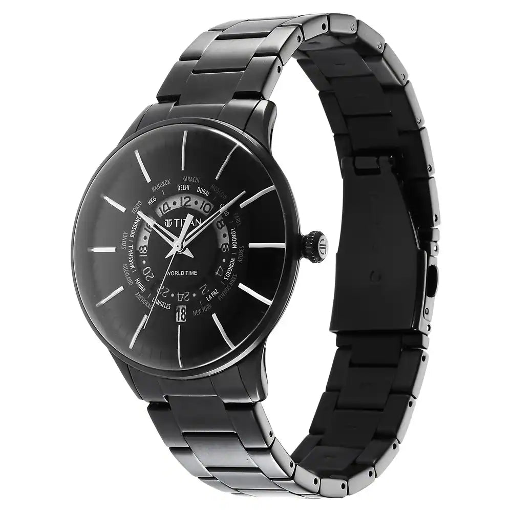 Titan World Time Black Dial Stainless Steel Strap Watch - 90145NM01 - KRISHNA WATCH COMPANY