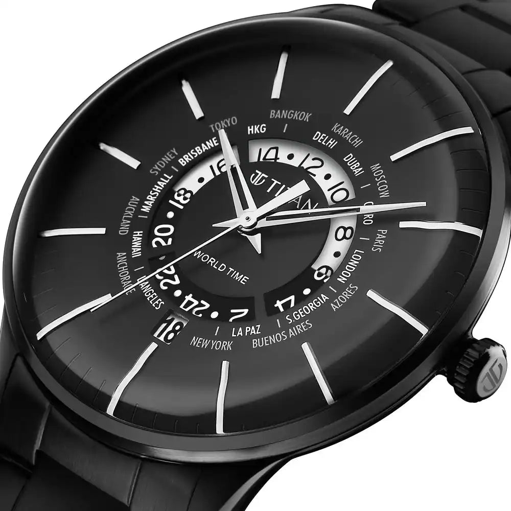 Titan World Time Black Dial Stainless Steel Strap Watch - 90145NM01 - KRISHNA WATCH COMPANY
