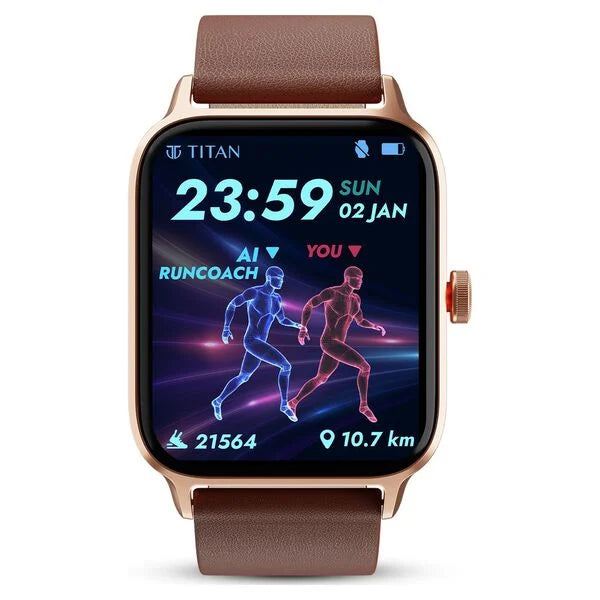 Titan Traveller with 4.52 cm AMOLED Display, BT Calling, India's First FitVerse Smartwatch with Brown Leather Strap 90166ap03 - KRISHNA WATCH COMPANY