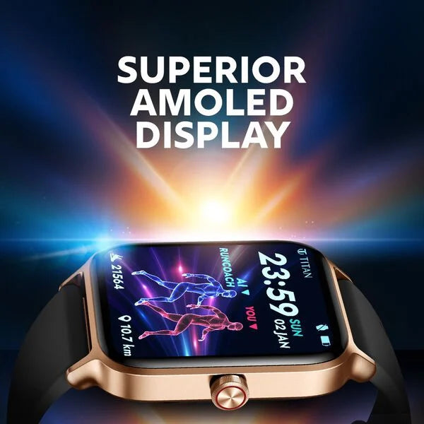 Titan Traveller with 4.52 cm AMOLED Display, BT Calling, India's First FitVerse Smartwatch with Brown Leather Strap 90166ap03 - KRISHNA WATCH COMPANY