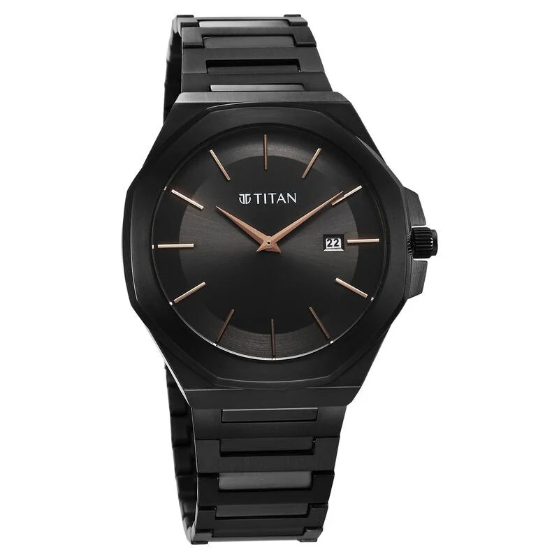 Titan Classic Slim Quartz Analog with Date Black Dial Stainless Steel Strap Watch for Men 90167NM01 - KRISHNA WATCH COMPANY