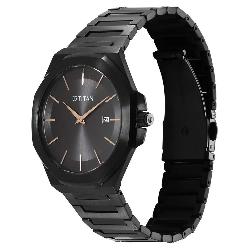 Titan Classic Slim Quartz Analog with Date Black Dial Stainless Steel Strap Watch for Men 90167NM01 - KRISHNA WATCH COMPANY