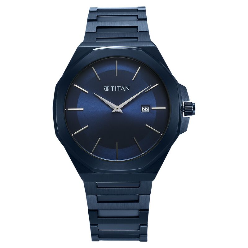 Titan Classic Slim Quartz Analog with Date Blue Dial Stainless Steel Strap Watch for Men 90167QM01 - KRISHNA WATCH COMPANY