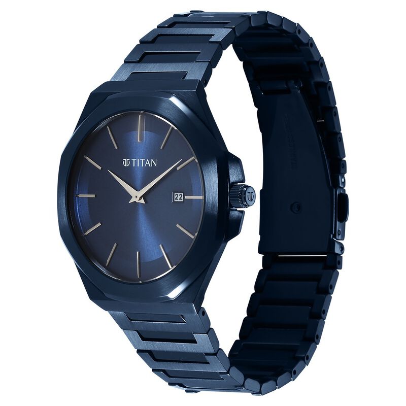 Titan Classic Slim Quartz Analog with Date Blue Dial Stainless Steel Strap Watch for Men 90167QM01 - KRISHNA WATCH COMPANY