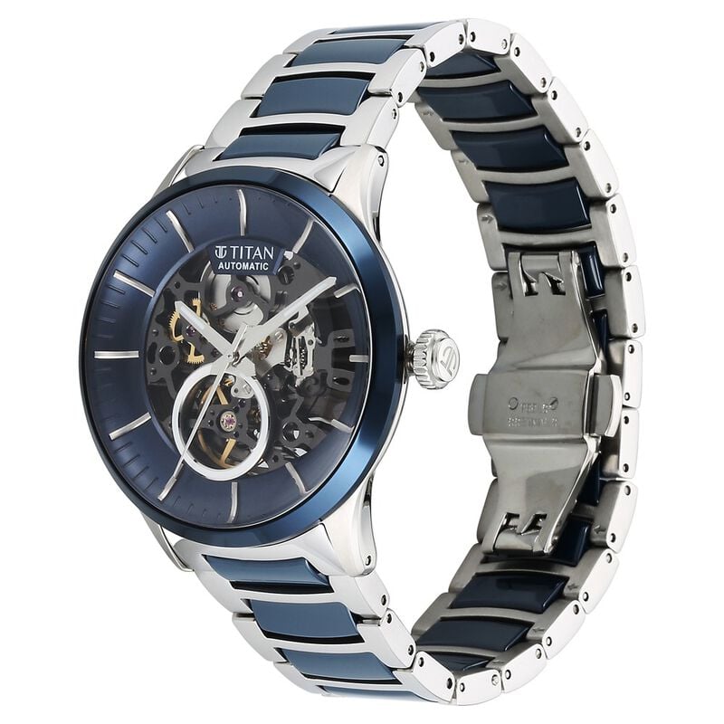 Titan Ceramic Fusion Automatic Blue Dial Silver Watch for Men - 90174KD02 - KRISHNA WATCH COMPANY