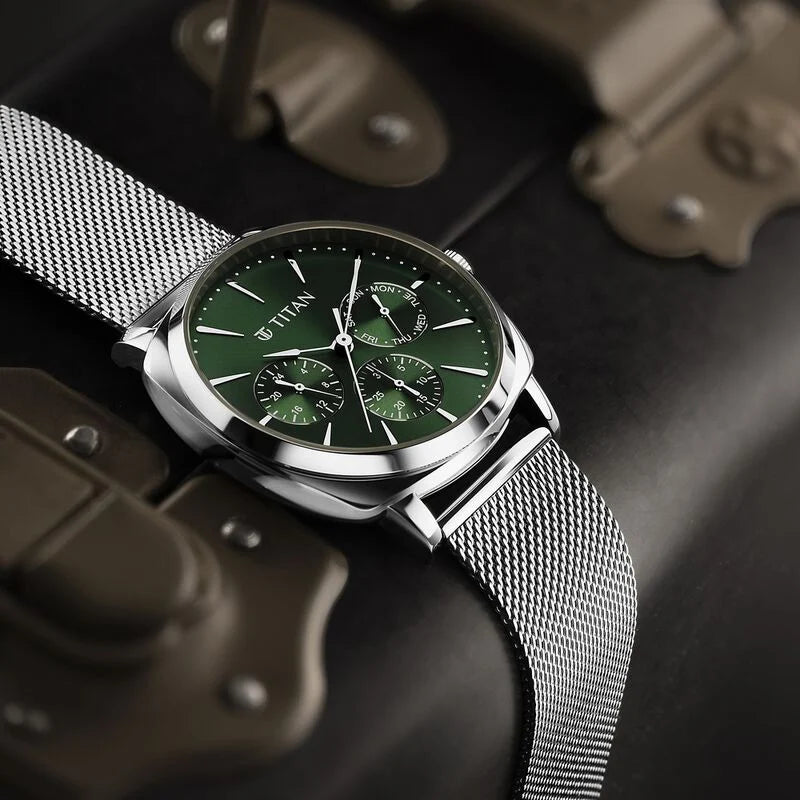 Titan Classique Suave Quartz Green Dial Silver for Men - 90189SM01 - KRISHNA WATCH COMPANY