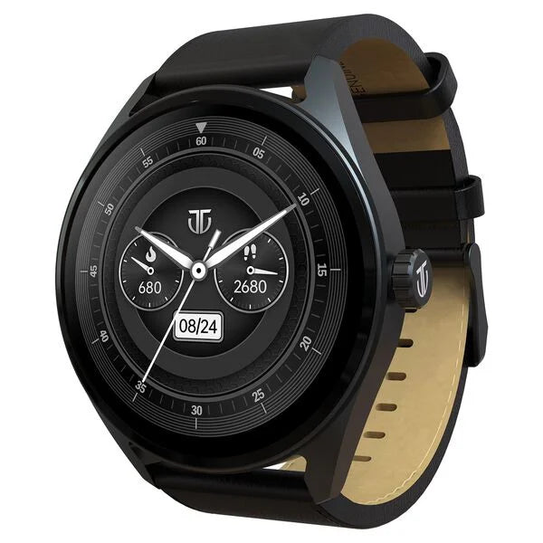 Titan Crest with 3.63 cm AMOLED Display with AOD, Functional Crown, BT Calling Smartwatch with Black Leather Strap 90197al01 - KRISHNA WATCH COMPANY