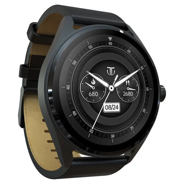 Titan Crest with 3.63 cm AMOLED Display with AOD, Functional Crown, BT Calling Smartwatch with Black Leather Strap 90197al01 - KRISHNA WATCH COMPANY