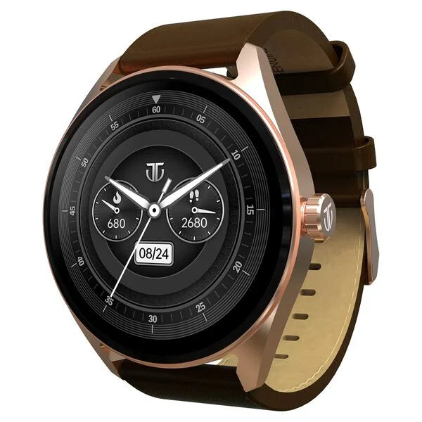 Titan Crest with 3.63 cm AMOLED Display with AOD, Functional Crown, BT Calling Smartwatch with Brown Leather Strap 90197al02 - KRISHNA WATCH COMPANY