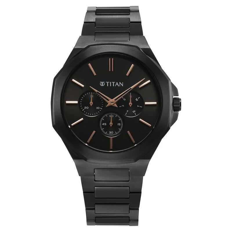 Titan Classic Slim Multifunction Quartz Multifunction Black Dial Watch For Men - 90198NM01