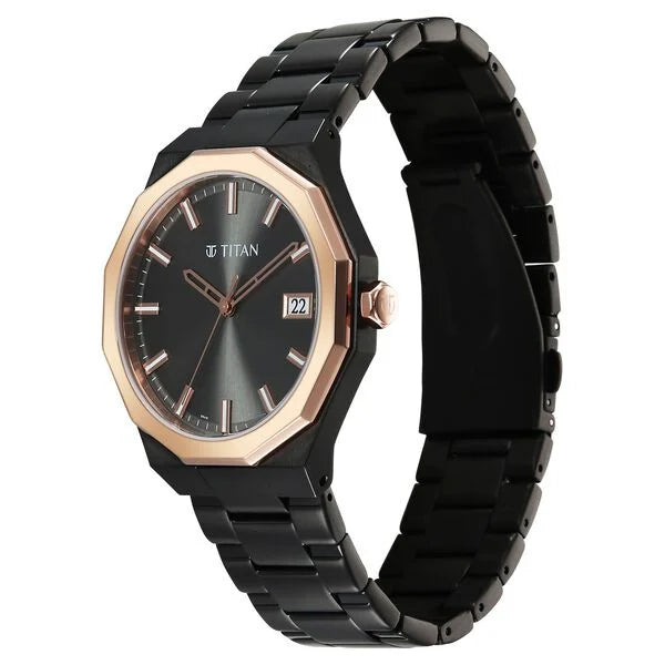 Titan Regalia Dodecagon Quartz Analog with Date Grey Dial Black Stainless Steel Strap Watch For Men 90212km02 - KRISHNA WATCH COMPANY