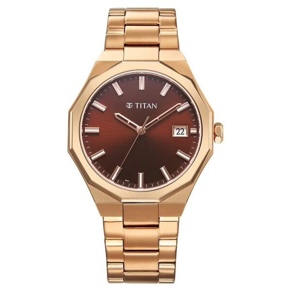 Titan Regalia Dodecagon Quartz Analog with Date Brown Dial Rose Gold Stainless Steel Strap Watch For Men 90212wm01