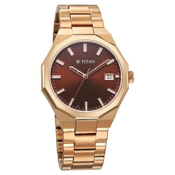 Titan Regalia Dodecagon Quartz Analog with Date Brown Dial Rose Gold Stainless Steel Strap Watch For Men 90212wm01