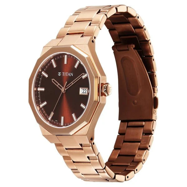 Titan Regalia Dodecagon Quartz Analog with Date Brown Dial Rose Gold Stainless Steel Strap Watch For Men 90212wm01
