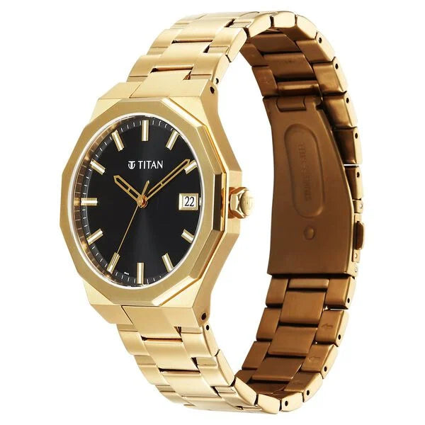 Titan Regalia Dodecagon Quartz Analog with Date Black Dial Golden Stainless Steel Strap Watch For Men 90212ym01 - KRISHNA WATCH COMPANY