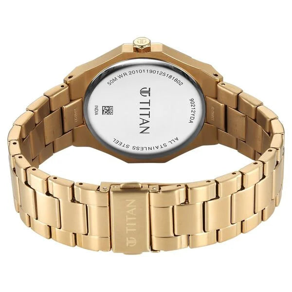 Titan Regalia Dodecagon Quartz Analog with Date Black Dial Golden Stainless Steel Strap Watch For Men 90212ym01
