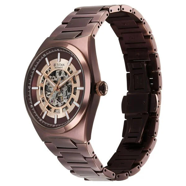 Titan Nexus Skeletal Automatic Analog with Brown Dial Brown Stainless Steel Strap Watch for Men 90221qm01