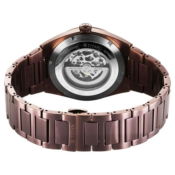 Titan Nexus Skeletal Automatic Analog with Brown Dial Brown Stainless Steel Strap Watch for Men 90221qm01