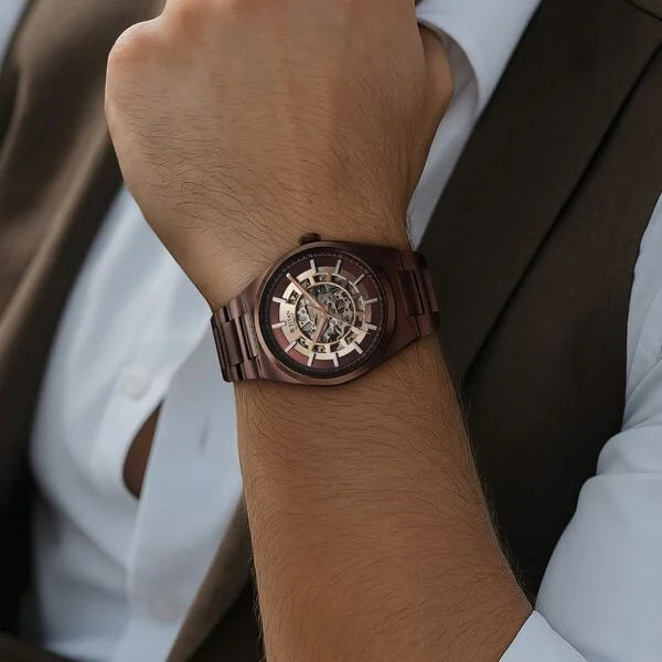 Titan Nexus Skeletal Automatic Analog with Brown Dial Brown Stainless Steel Strap Watch for Men 90221qm01
