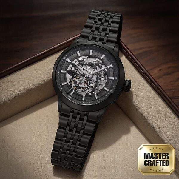 Titan Phoenix Skeletal Automatic Analog with Gun Dial Black Stainless Steel Strap Watch for Men 90223nm01 - KRISHNA WATCH COMPANY