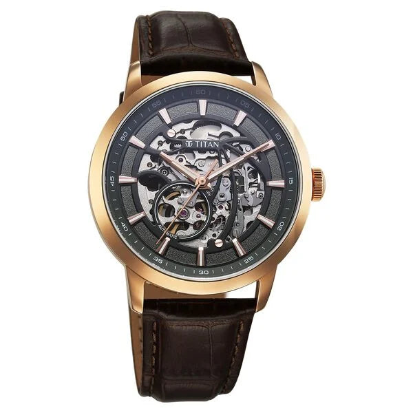 Titan Phoenix Skeletal Automatic Analog with Gun Dial Brown Leather Strap Watch for Men 90223wl01 - KRISHNA WATCH COMPANY