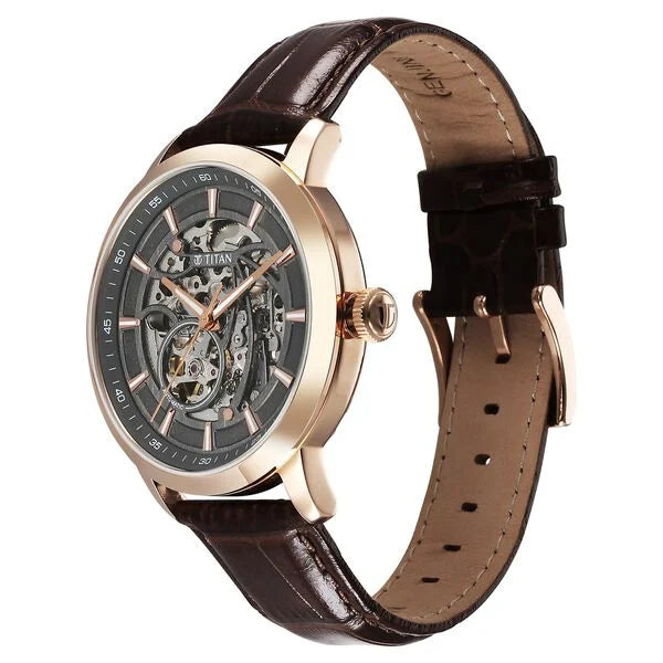 Titan Phoenix Skeletal Automatic Analog with Gun Dial Brown Leather Strap Watch for Men 90223wl01 - KRISHNA WATCH COMPANY