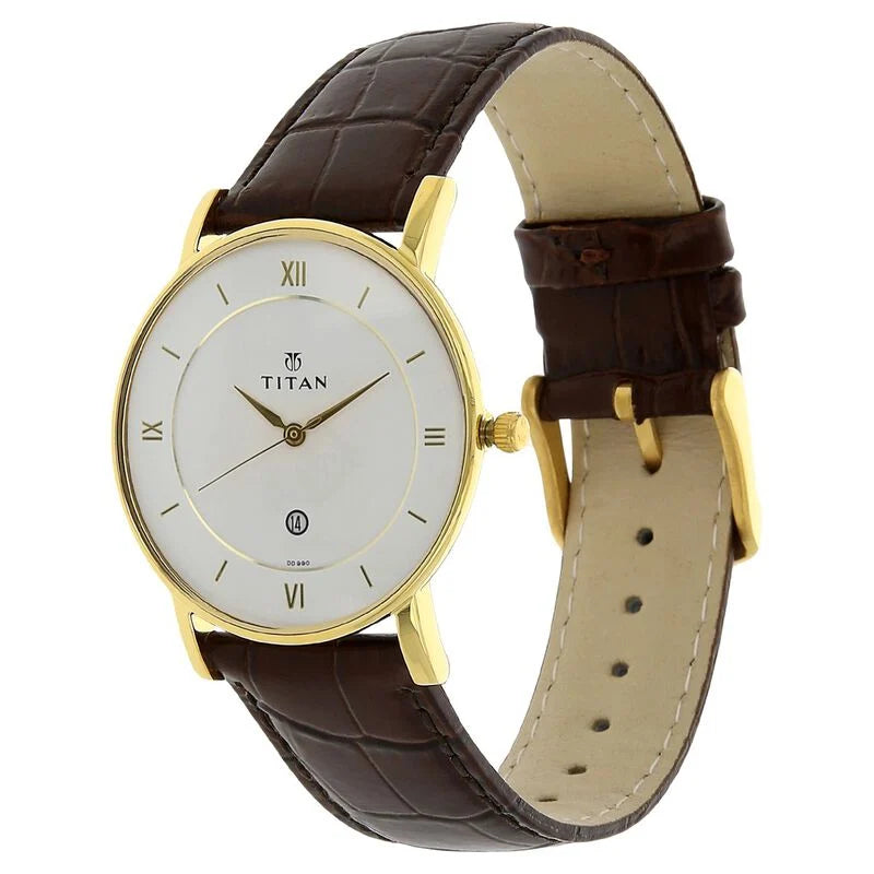 Titan Quartz Analog with Date White Dial Leather Strap Watch for Men 9162YL01 - KRISHNA WATCH COMPANY