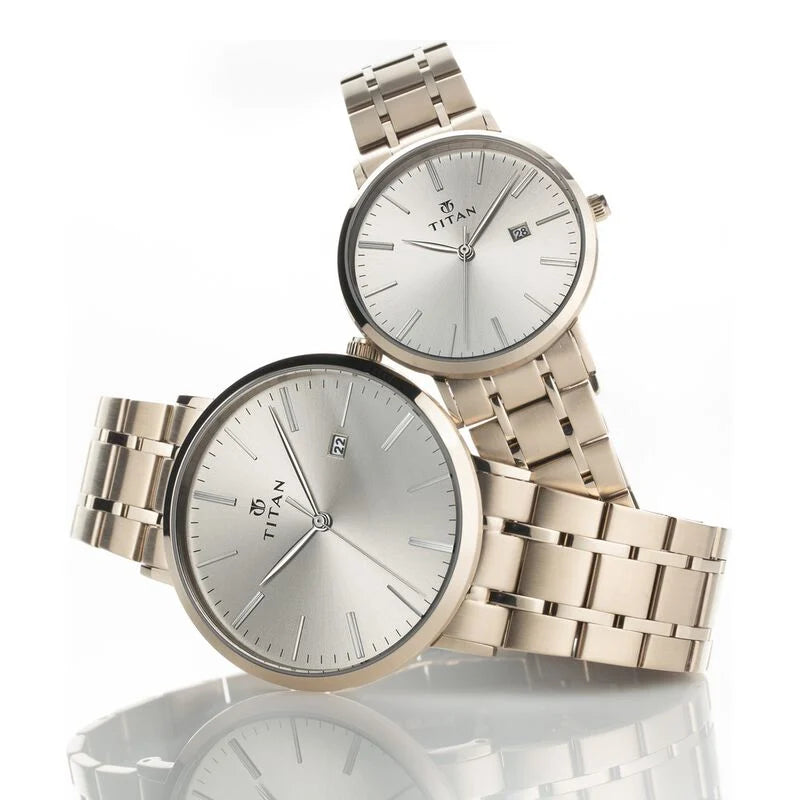 Titan Quartz Analog with Date Rose Gold Dial Stainless Steel Strap Watch for Couple / 9400294202WM01P - KRISHNA WATCH COMPANY