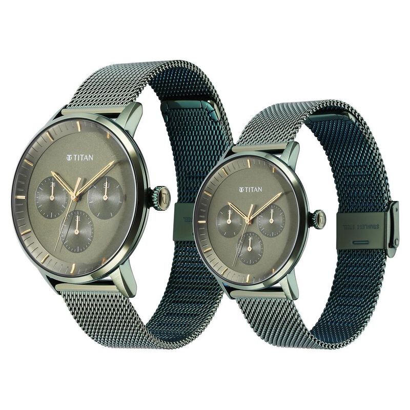 Titan Bandhan Green Dial Quartz Multifunction Stainless Steel Strap watch for Couple 9400694206QM02P - KRISHNA WATCH COMPANY
