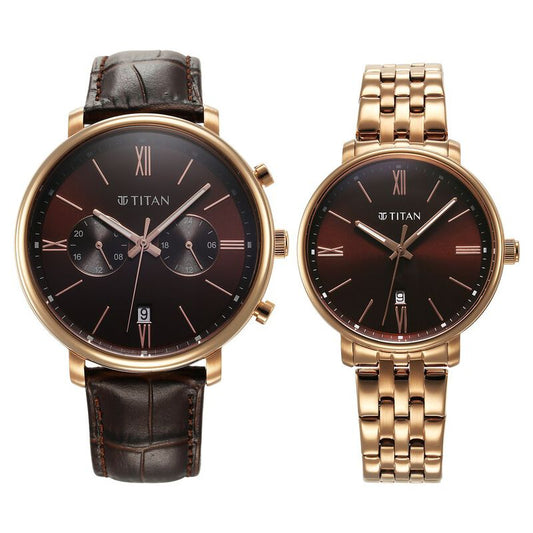 Titan Bandhan Quartz Analog with Date Brown Leather and Stainless Steel Strap for Couple 9400794207WZ02P