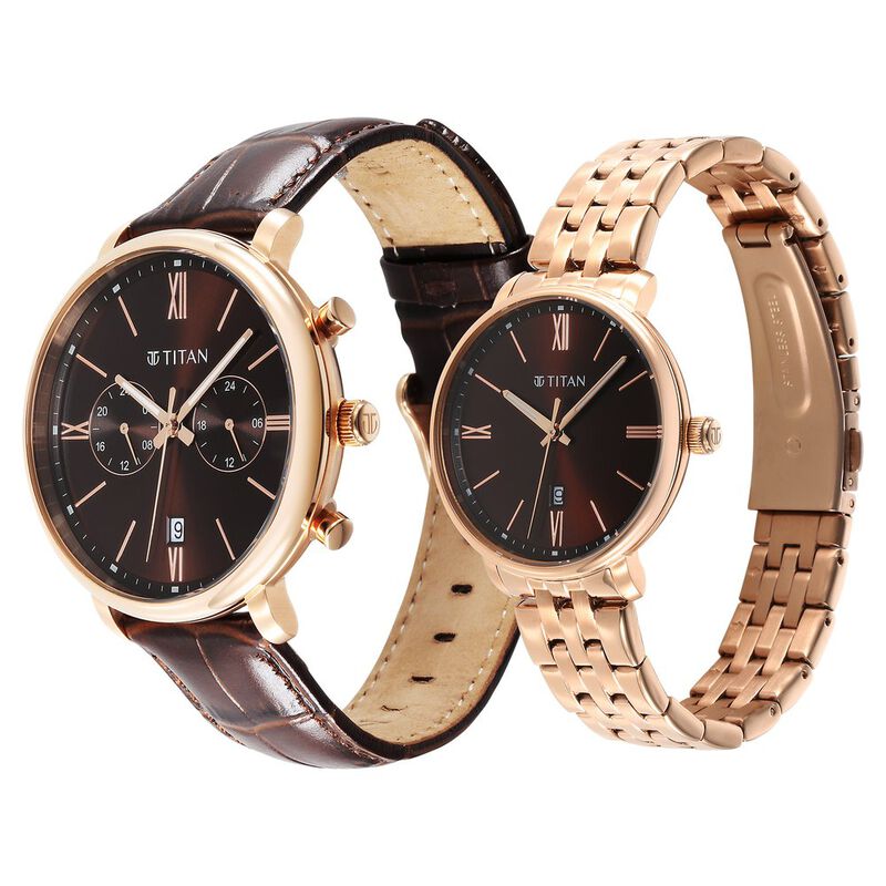 Titan Bandhan Quartz Analog with Date Brown Leather and Stainless Steel Strap for Couple 9400794207WZ02P - KRISHNA WATCH COMPANY