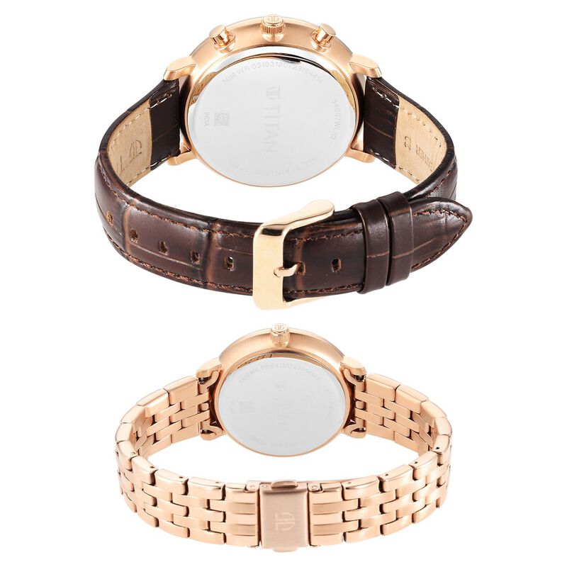 Titan Bandhan Quartz Analog with Date Brown Leather and Stainless Steel Strap for Couple 9400794207WZ02P - KRISHNA WATCH COMPANY