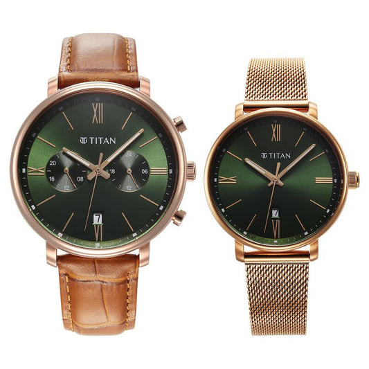 Titan Bandhan Quartz Analog with Date Green Leather and Stainless Steel Strap for Couple