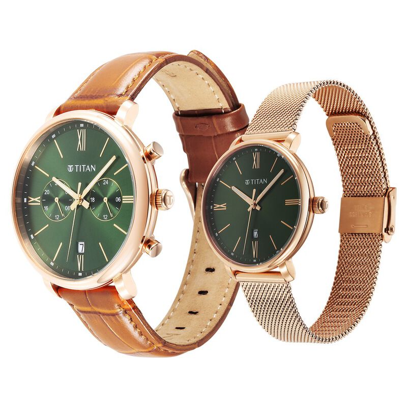 Titan Bandhan Quartz Analog with Date Green Leather and Stainless Steel Strap for Couple 9400794207wz03p - KRISHNA WATCH COMPANY