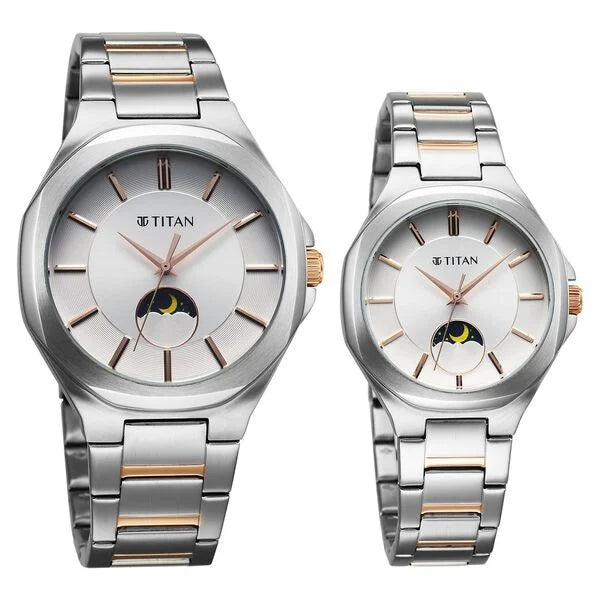 Titan Bandhan Quartz Analog Silver Dial Two Toned Stainless Steel Strap Watch For Couple 9400994209km01 - KRISHNA WATCH COMPANY