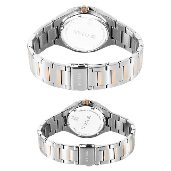 Titan Bandhan Quartz Analog Silver Dial Two Toned Stainless Steel Strap Watch For Couple 9400994209km01 - KRISHNA WATCH COMPANY