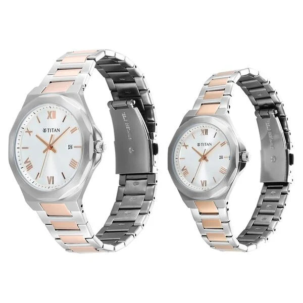 Titan Bandhan Quartz Analog with Date Silver Dial Two Toned Stainless Steel Strap Watch For Couple 9401094210km01 - KRISHNA WATCH COMPANY