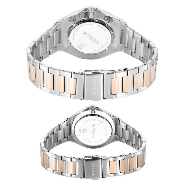 Titan Bandhan Quartz Analog with Date Silver Dial Two Toned Stainless Steel Strap Watch For Couple 9401094210km01 - KRISHNA WATCH COMPANY
