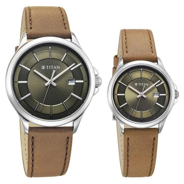 Titan Bandhan Quartz Analog with Date Green Dial Silver Stainless Steel Strap Watch For Couple 9401194211sl01 - KRISHNA WATCH COMPANY