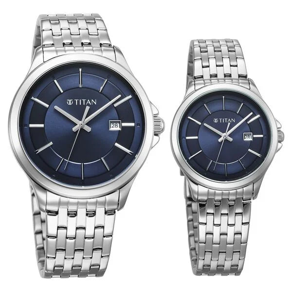 Titan Bandhan Quartz Analog with Date Blue Dial Silver Stainless Steel Strap Watch For Couple 9401194211sm01 - KRISHNA WATCH COMPANY