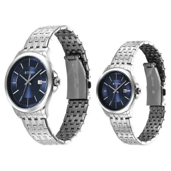 Titan Bandhan Quartz Analog with Date Blue Dial Silver Stainless Steel Strap Watch For Couple 9401194211sm01 - KRISHNA WATCH COMPANY