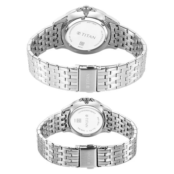 Titan Bandhan Quartz Analog with Date Blue Dial Silver Stainless Steel Strap Watch For Couple 9401194211sm01 - KRISHNA WATCH COMPANY