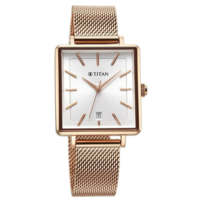 Titan Minimalists Quartz Analog with Date Silver Dial Rose Gold Stainless Steel Strap Watch for Women / 94205WM01 - KRISHNA WATCH COMPANY